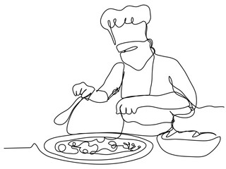 The chef mixes the ingredients in one line. A man prepares a big dish in a restaurant. Stock culinary vector image.