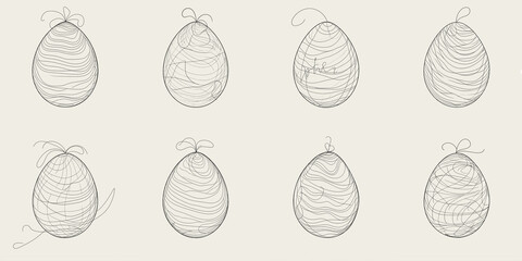 Easter set of eggs drawn in one line on a pastel beige background generative ai