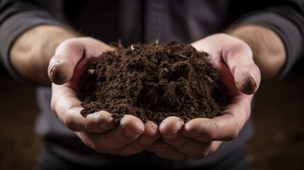 Hands holding a handful of soil on dark background, closeup. Generative AI