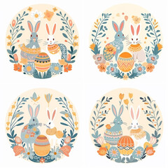 Drawing of Easter with eggs, hares, flowers, green on a white background generative ai