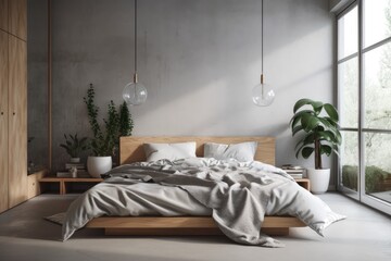 Gray walls, a concrete floor, and a king size bed are all features of this minimalist bedroom nook. Scandinavian design Mockup from the top. Generative AI
