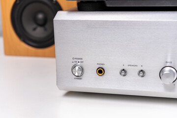 Obraz premium closeup view on vintage stereo audio amplifier
