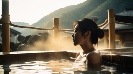 Asian Young woman relaxing in hot spring. Generative AI.