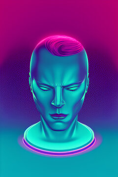 Illustration of a human head, synthwave DJ electro poster. Generative AI