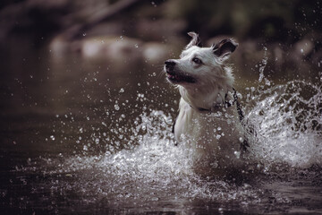 Hund, Border Collie spielt im Wasser in einem See
