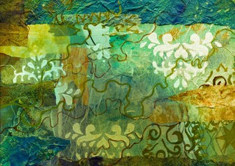 Abstract green background with flowers, artistic watercolor collage with lines and leaves