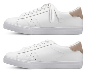 White leather sneaker with and without shoelaces bow. Isolated on transparent background. Full Depth of Field