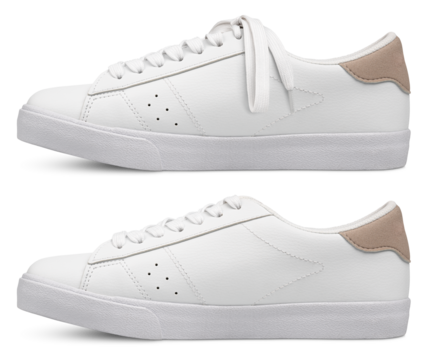 White leather sneaker with and without shoelaces bow. Isolated on transparent background. Full Depth of Field - Powered by Adobe
