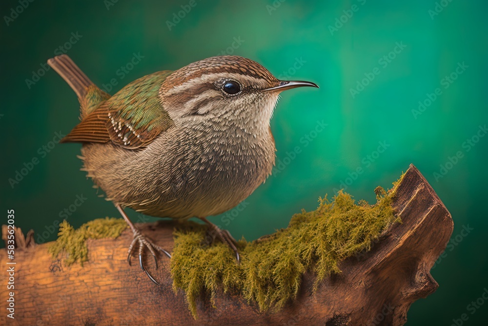 Poster an up-close look at a european wren perched on a log against a lush green backdrop generative ai