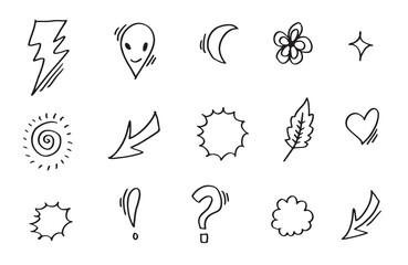 Set of cute hand drawn line scribble expression signs.emoticon effects design elements, cartoon character emotion symbols.vector illustration.