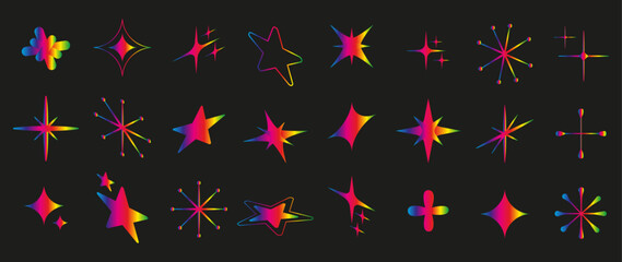 Vector icons on a black background. Collection of abstract stars in bright gradient. y2k style. Elements for designing notes, posters, stickers, logos, business cards.