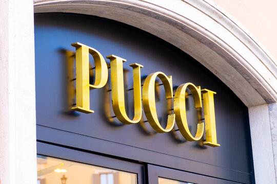 Pucci fashion store in Rome. Famous luxury boutique worldwide. Fashion week concept. March 2023, Rome, Italy.