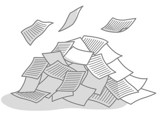A pile of papers and documents piled up in a jumbled manner gray lines with ruled lines and shadows