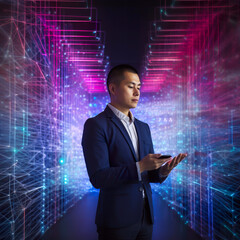 Oriental, chinese businessman, engineer, developer in front of complex glowing network looking at his mobile phone, AI generative