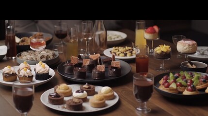 AI Indulge Your Sweet Tooth: Tempting Assortment of Desserts Beautifully Arranged on a Cafe Table - Perfect for Foodies, Bakers, and Food Bloggers