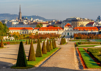 Vienna cityscape with Lower Belvedere palace and St. Stephen's cathedral, Austria