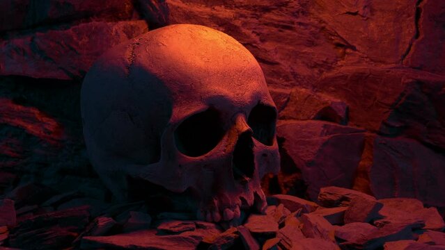 Skull On Rocks In Fire Glow