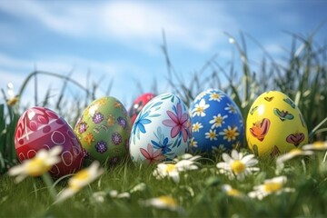Easter eggs in the grass. Generative AI