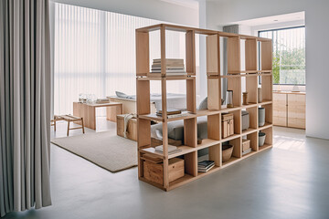 Interior, simple minimal loft studio flat with light wooden shelf divider, muji style, AI generative