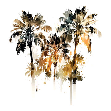 Vector watercolor illustration of a silhouette of palm trees. watercolor texture