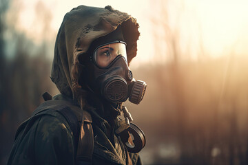 Post apocalyptic survivor in gas mask. Environmental disaster, armageddon concept