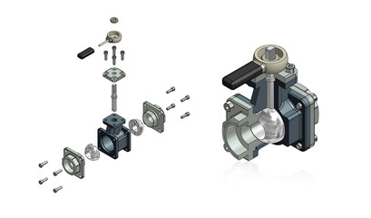 Ball valve section view of 3d illustration on white background.
