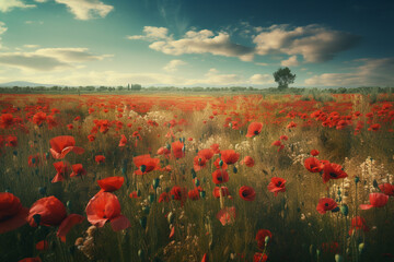 Fototapeta na wymiar landscape of fields with growing red poppies. Generative AI