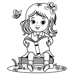 Black and white vector illustration of a little girl sitting on pile of books reading a book.
