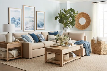 A coastal-inspired living room with a woven rattan sectional, natural wood accents, and ocean-inspired artwork and accessories. Generative AI