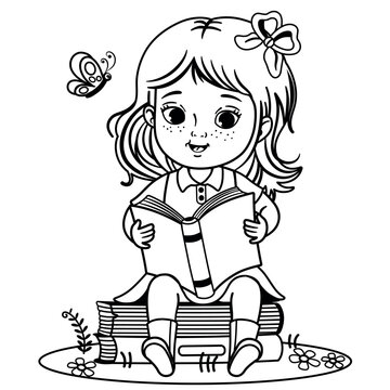 recommend clip art: Black and white vector illustration of a little girl sitting on pile of books reading a book.
                    