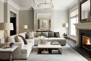 A transitional living room with a neutral-toned sectional, elegant marble fireplace, and a mix of modern and traditional accents. Generative AI
