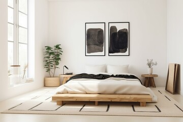 A minimalist bedroom with a low wooden bed frame, white bedding, and a woven jute rug, featuring simple black and white artwork and plenty of natural light. Generative AI