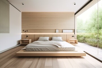 A cozy minimalist bedroom with a platform bed, white bedding, and a wooden accent wall, featuring a neutral color palette and plenty of natural light. Generative AI
