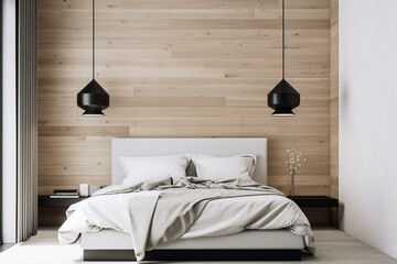 A minimalist bedroom with a wooden accent wall, white bedding, and a simple black pendant light, featuring a neutral color palette and minimal decor. Generative AI
