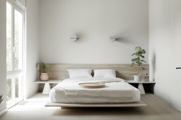 A serene and minimalist bedroom with a platform bed, white bedding, and a statement wall sconce, featuring a neutral color palette and plenty of natural light. Generative AI