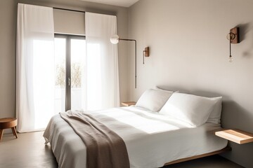 A serene and minimalist bedroom with a platform bed, white bedding, and a statement wall sconce, featuring a neutral color palette and plenty of natural light. Generative AI