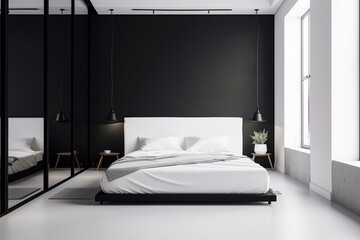 Fototapeta na wymiar A minimalist bedroom with a low bed frame, white bedding, and a black and white accent wall, featuring a minimal color palette and simple yet stylish decor. Generative AI