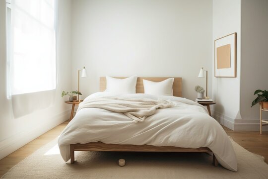 A cozy and minimalist bedroom with a white linen bed, wooden bedside table, and a neutral-toned woven rug, featuring plenty of natural light and a simple yet elegant design. Generative AI