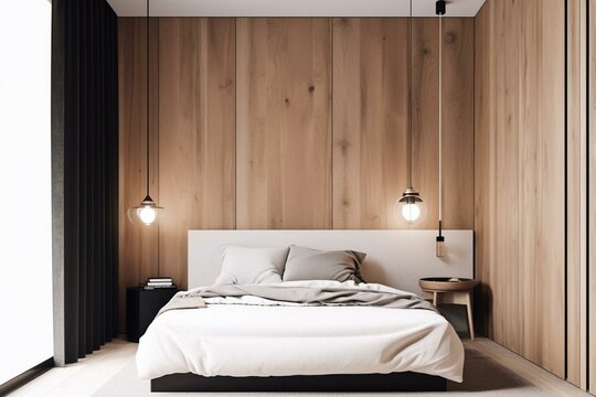 A minimalist bedroom with a wooden accent wall, white bedding, and a simple black pendant light, featuring a neutral color palette and minimal decor. Generative AI