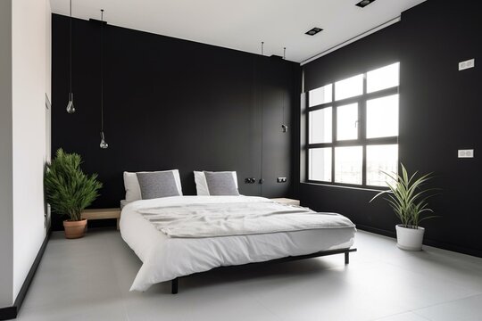 A minimalist bedroom with a low bed frame, white bedding, and a black and white accent wall, featuring a minimal color palette and simple yet stylish decor. Generative AI