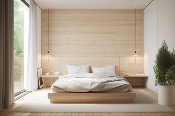 A cozy and minimalist bedroom with a platform bed, white bedding, and a wooden accent wall, featuring a neutral color palette and plenty of natural light. Generative AI
