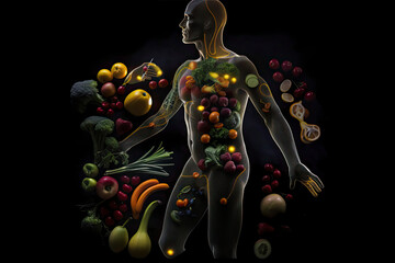 outline of a human with bolts of energy running through the body, the body is surrounded by fruit
