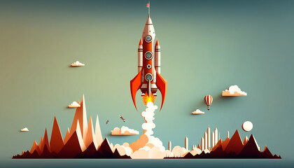 Rocket start up - Against a flat, minimalist background, the rocket symbolizes a concept - ai generated.