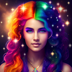 Obraz na płótnie Canvas A Beautiful, Celestial Star Goddess with Rainbow Hair Created with Generative AI Technology
