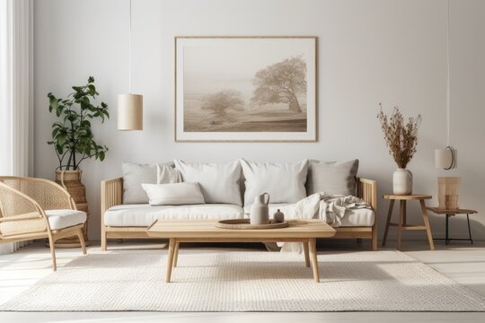 white basic farmhouse living room interior wall mockup with wooden furnishings. Generative AI