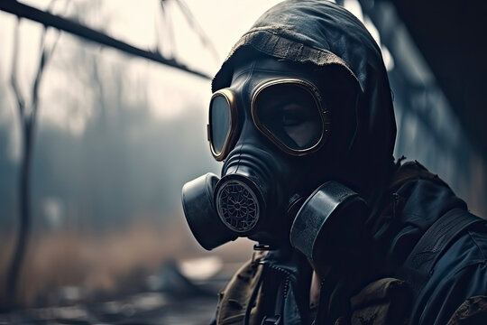 Post apocalyptic survivor in gas mask. Environmental disaster, armageddon concept