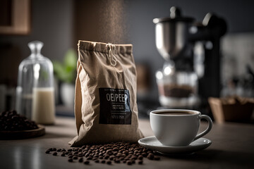 Coffee, beans, and sack of coffee on wooden table with blurred kitchen background, ai generative