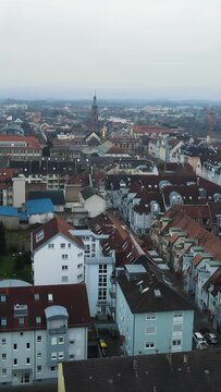 Vertical drone view over the Rastatt cityscape on a cold December day