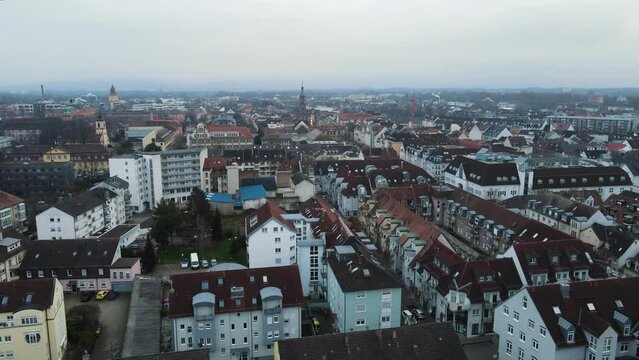 Drone view over the Rastatt cityscape on a cold December day