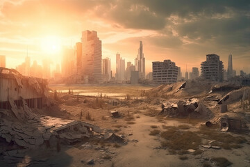 Post-apocalyptic landscape. City after the effects of global warming. Climate changes concept